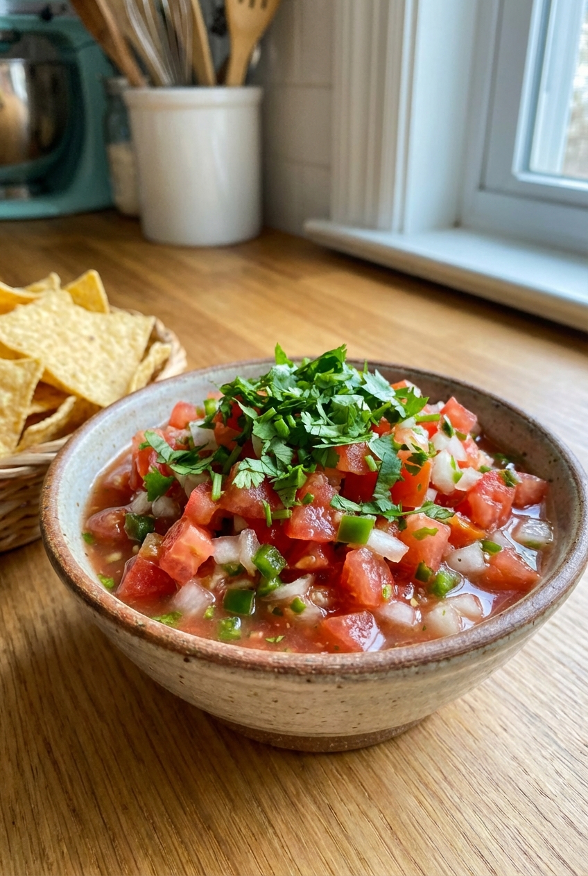 A small bowl of chunky tomato salsa with cilantro
