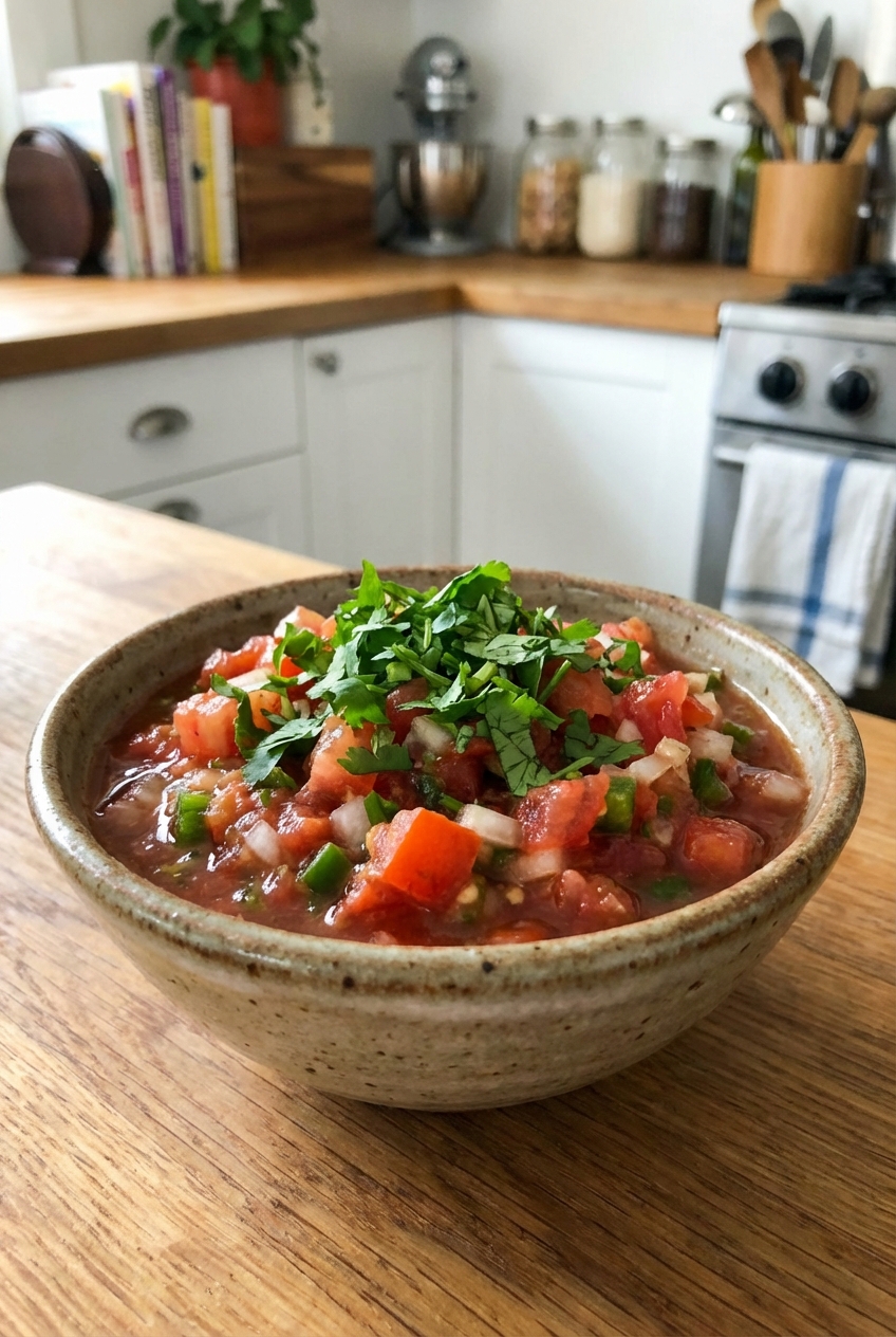 A small bowl of chunky tomato salsa with cilantro