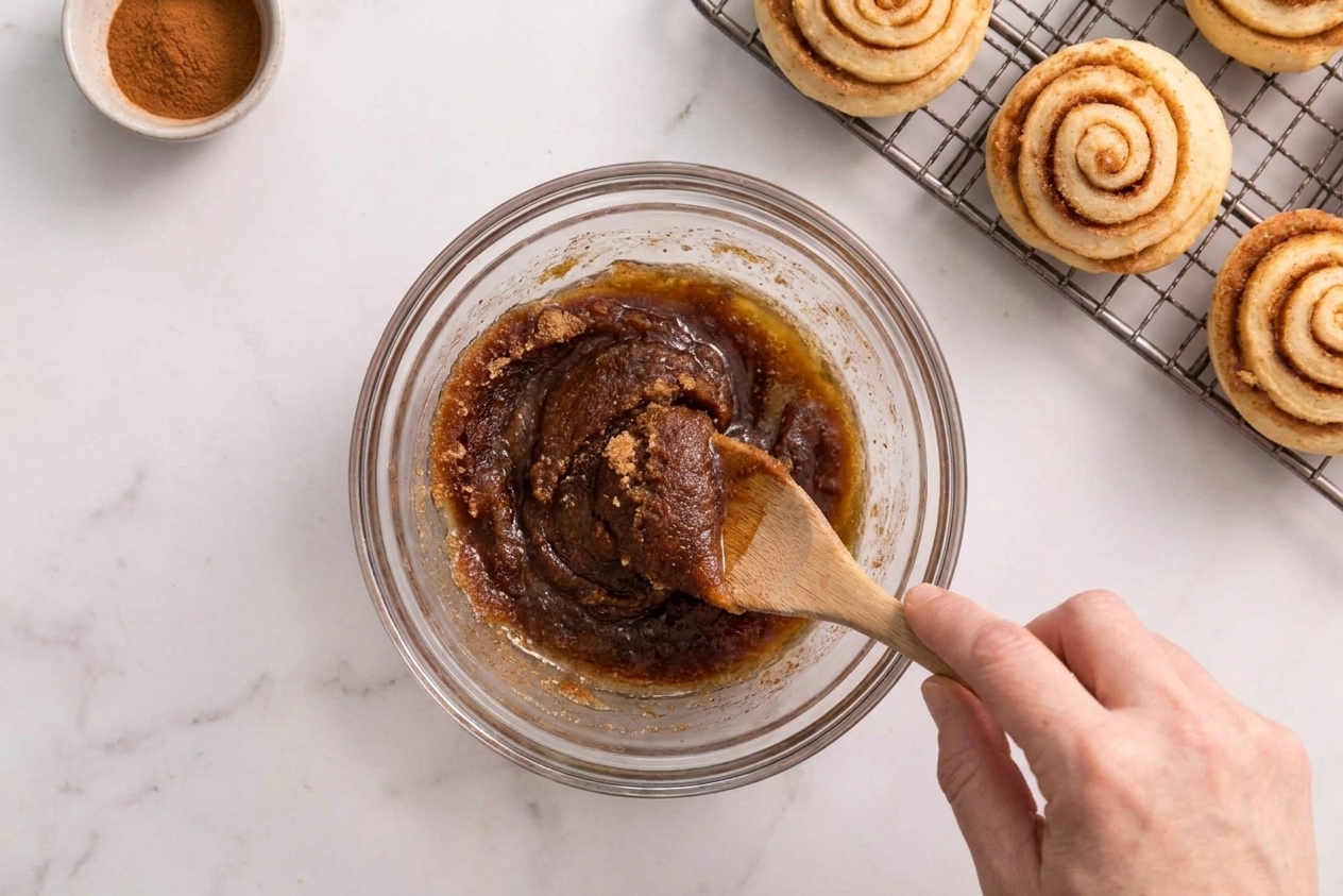 A small bowl of cinnamon brown sugar filling with melted butter mixed in, ready to spread