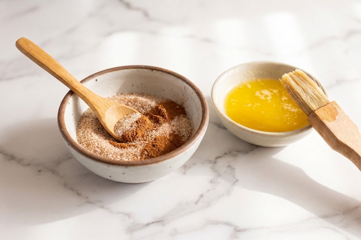 A small bowl of cinnamon sugar mixture on a kitchen counter next to a bowl of melted butter and a pastry brush