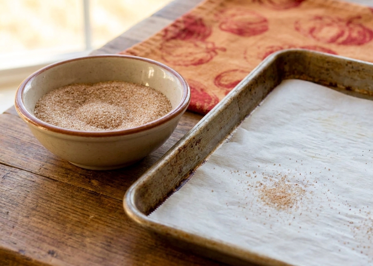 A small bowl of cinnamon sugar on a kitchen counter next to a parchment-lined baking sheet