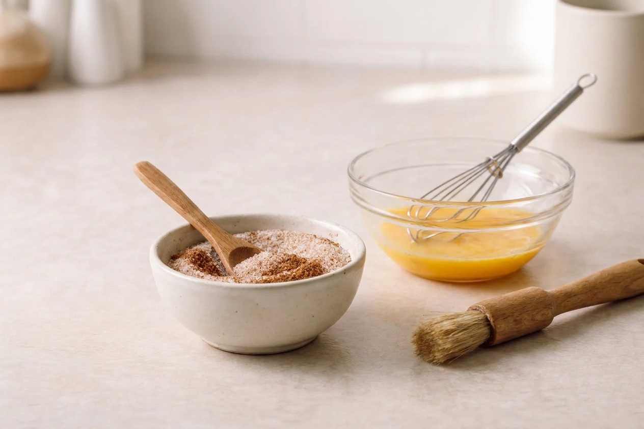 A small bowl of cinnamon sugar with a spoon on a kitchen counter next to a pastry brush and a whisked egg wash