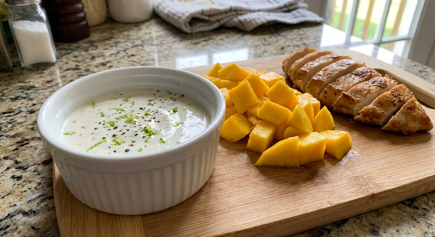 A small bowl of citrus yogurt sauce with lime zest and black pepper beside chopped mango and sliced cooked chicken on a kitchen counter