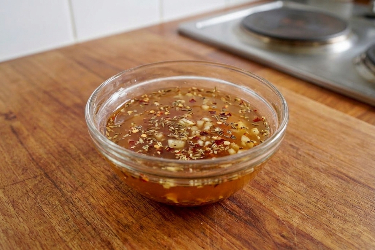 A small bowl of clear garlic vinegar sauce with minced garlic and spices on a wooden cutting board