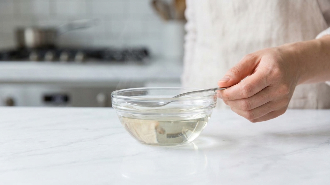 A small bowl of clear simple syrup cooling on a kitchen counter next to a spoon
