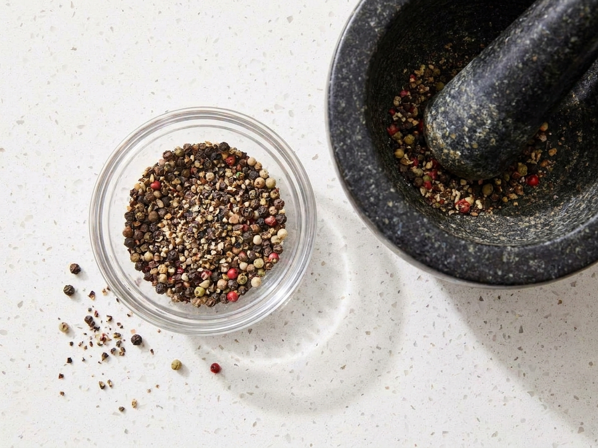 A small bowl of coarsely cracked black peppercorns next to a mortar and pestle on a kitchen counter