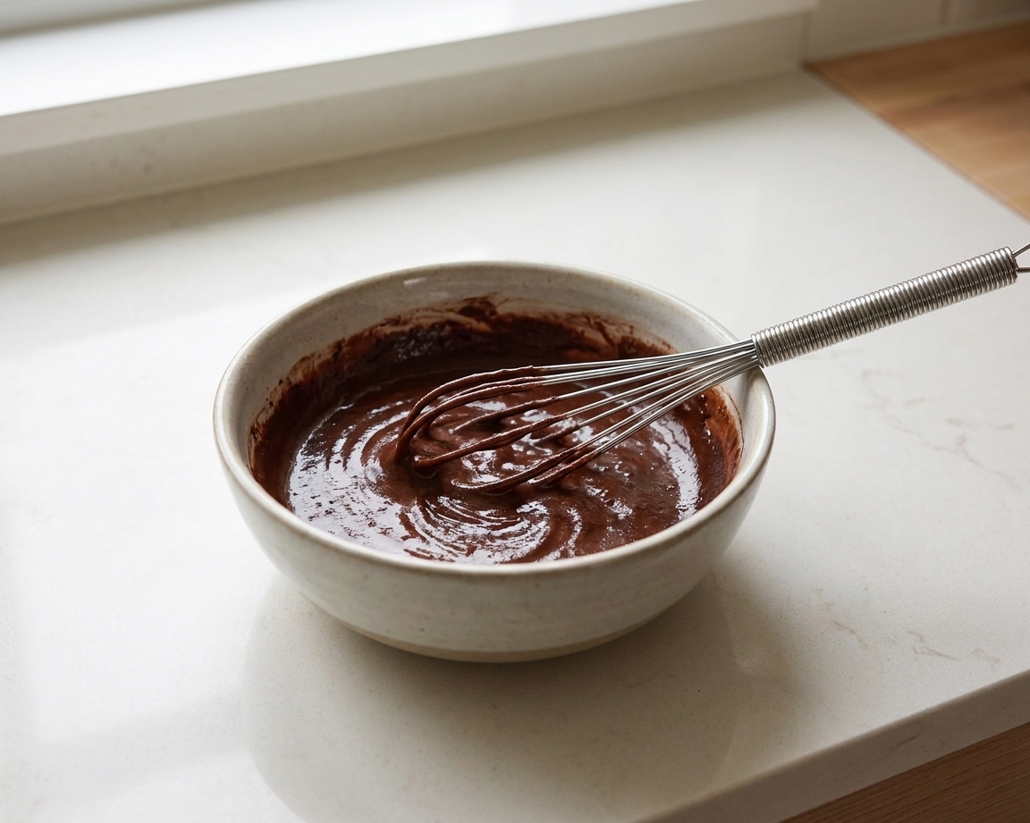 A small bowl of cocoa powder whisked with warm milk into a dark, smooth paste on a kitchen counter
