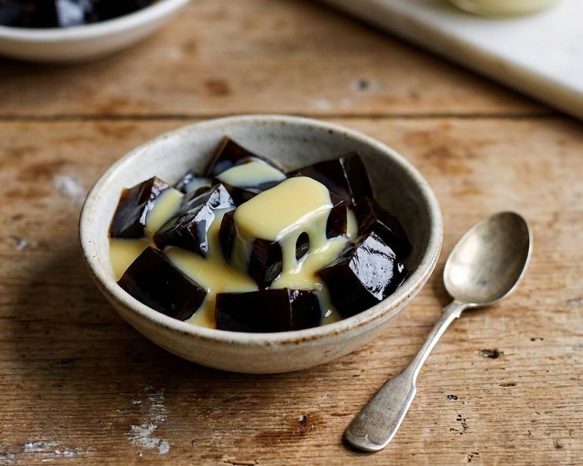 A small bowl of coffee jelly cubes served with a drizzle of sweetened condensed milk and a spoon beside it on a wooden table