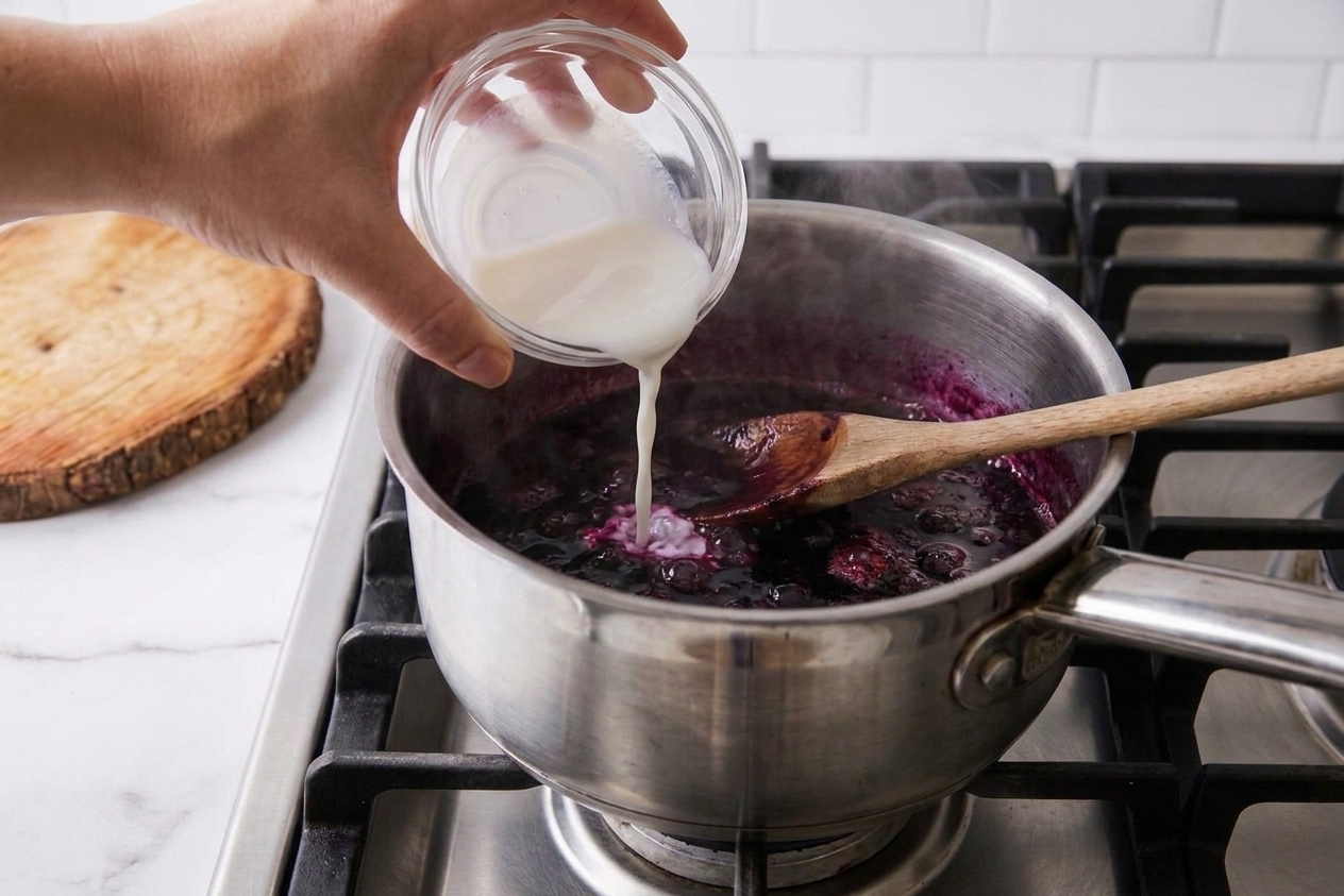 A small bowl of cornstarch slurry being poured into a simmering pot of blueberry syrup on a stovetop