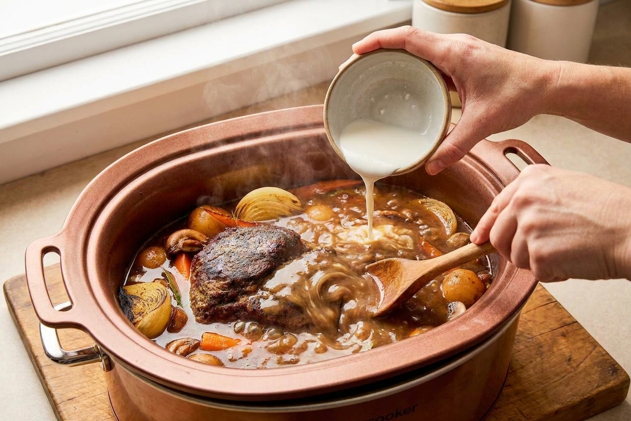 A small bowl of cornstarch slurry being poured into hot brown gravy inside a slow cooker while someone stirs with a wooden spoon
