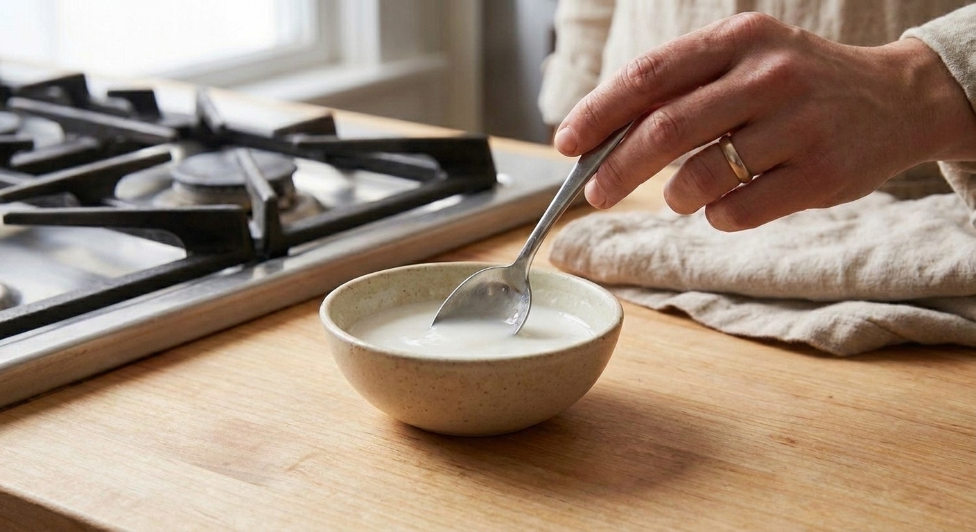 A small bowl of cornstarch slurry being stirred with a spoon on a kitchen counter