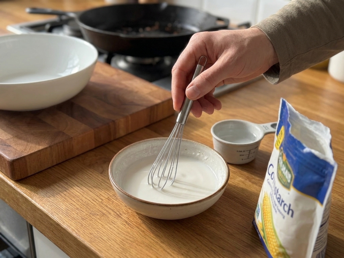 A small bowl of cornstarch slurry being whisked until smooth on a kitchen counter