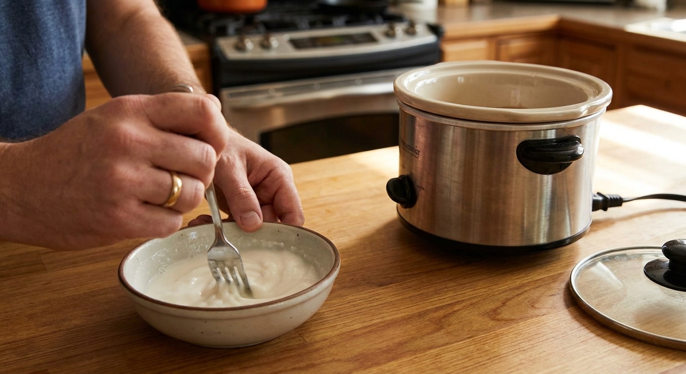 A small bowl of cornstarch slurry being whisked with a fork on a kitchen counter next to the slow cooker