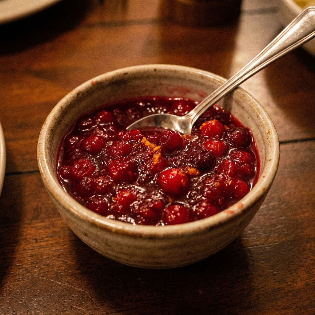 A small bowl of cranberry sauce with a spoon resting in it