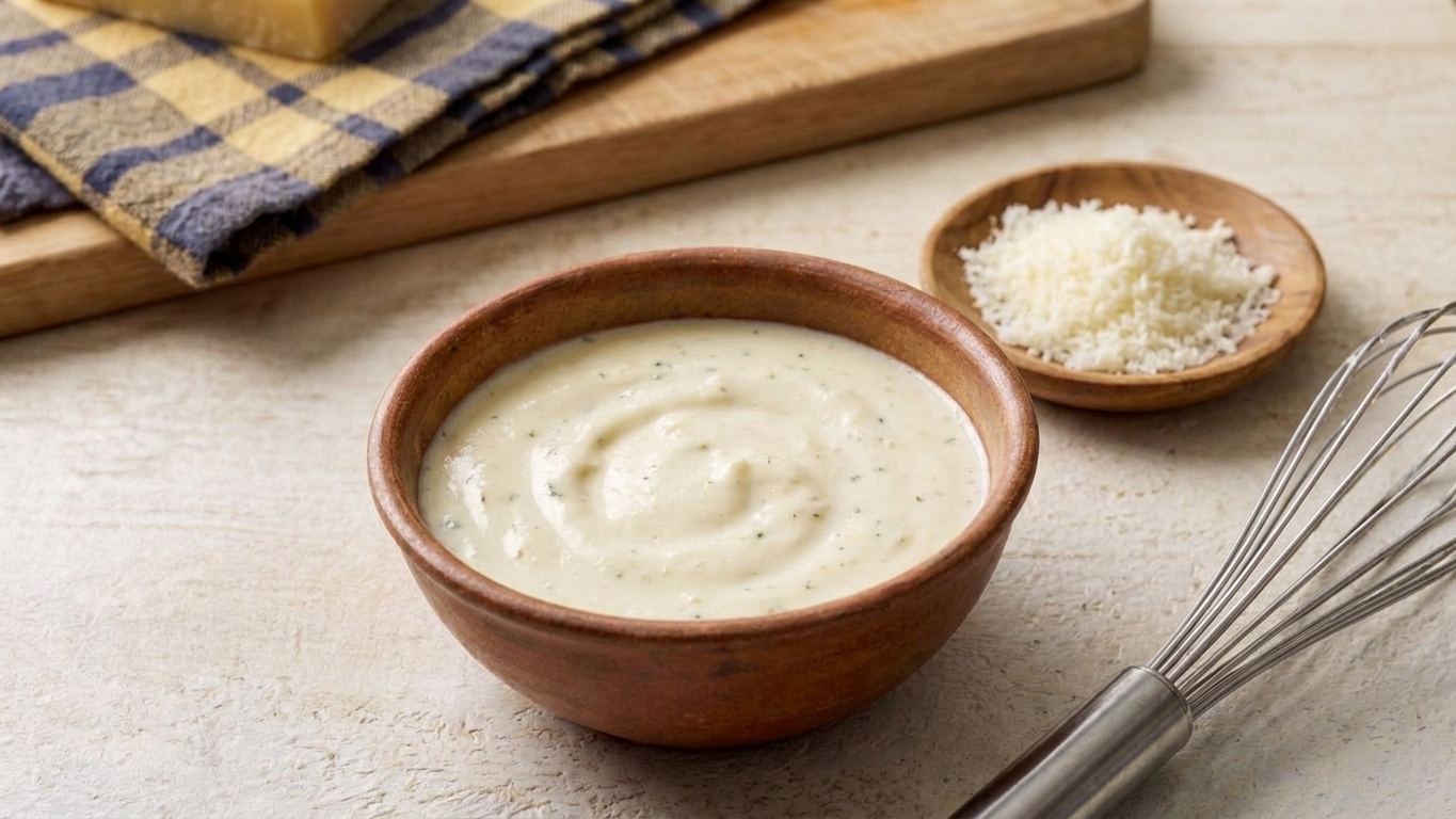 A small bowl of creamy Alfredo sauce on a kitchen counter with a whisk and grated Parmesan nearby