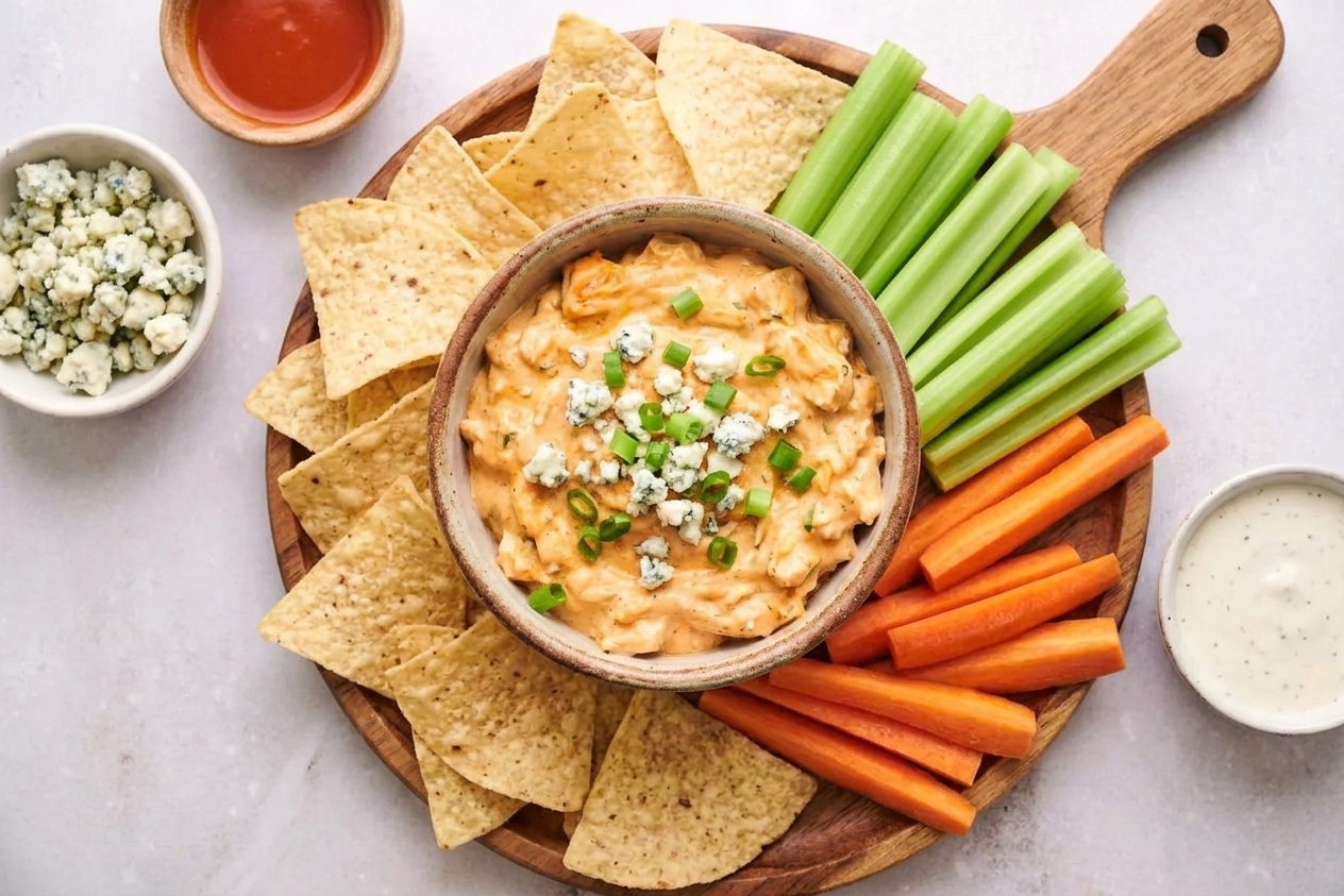 A small bowl of creamy Buffalo chicken dip on a wooden serving board surrounded by tortilla chips, celery sticks, and carrot sticks on a dining table