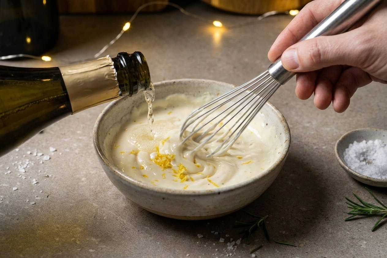 A small bowl of creamy aioli being whisked with lemon zest and a splash of sparkling wine on a light stone kitchen counter