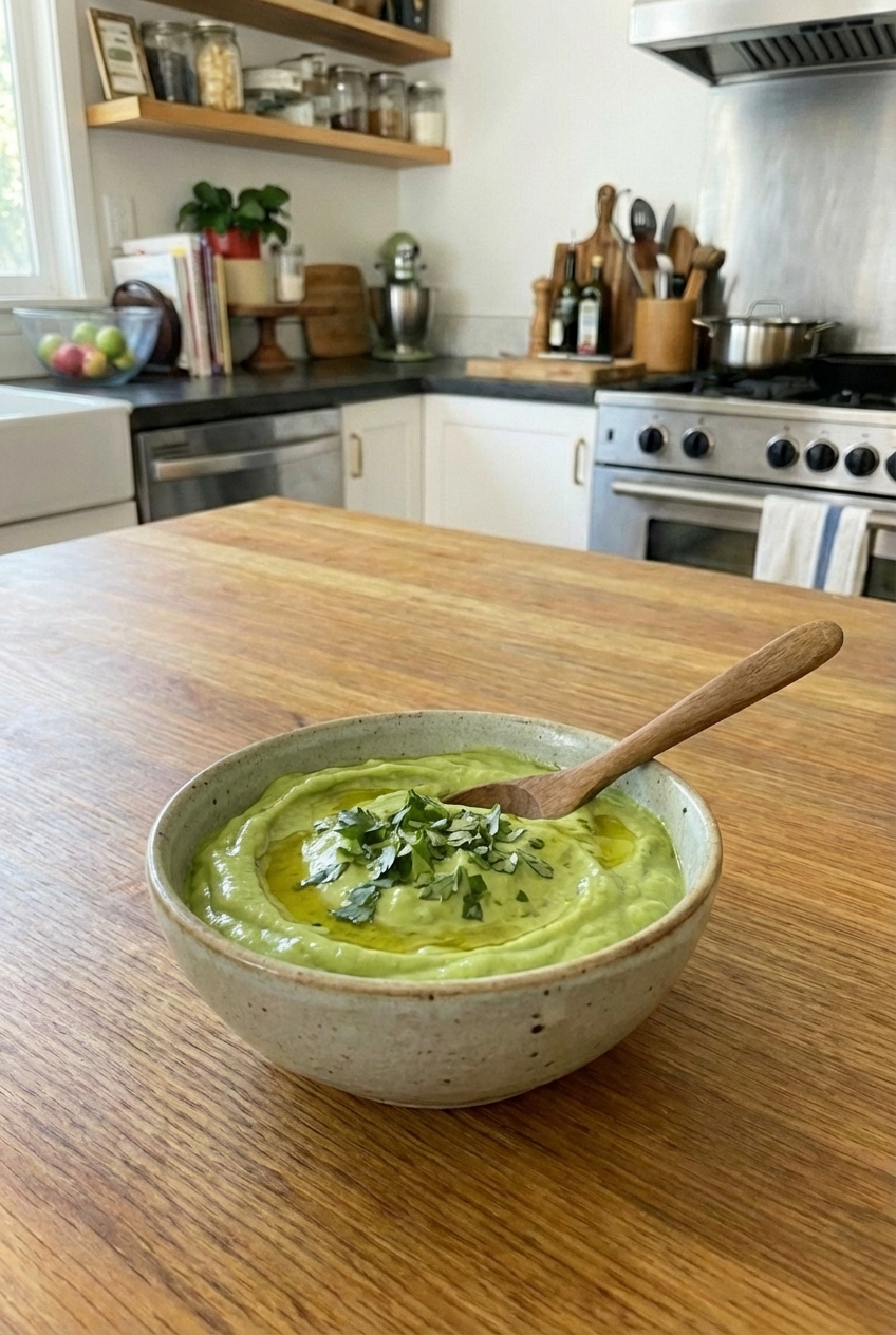 A small bowl of creamy avocado sauce with a spoon