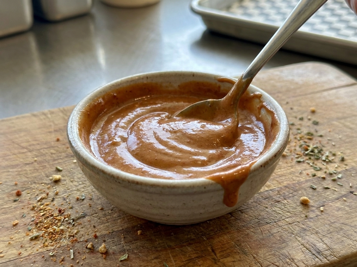 A small bowl of creamy barbecue mayo being stirred with a spoon on a wooden cutting board