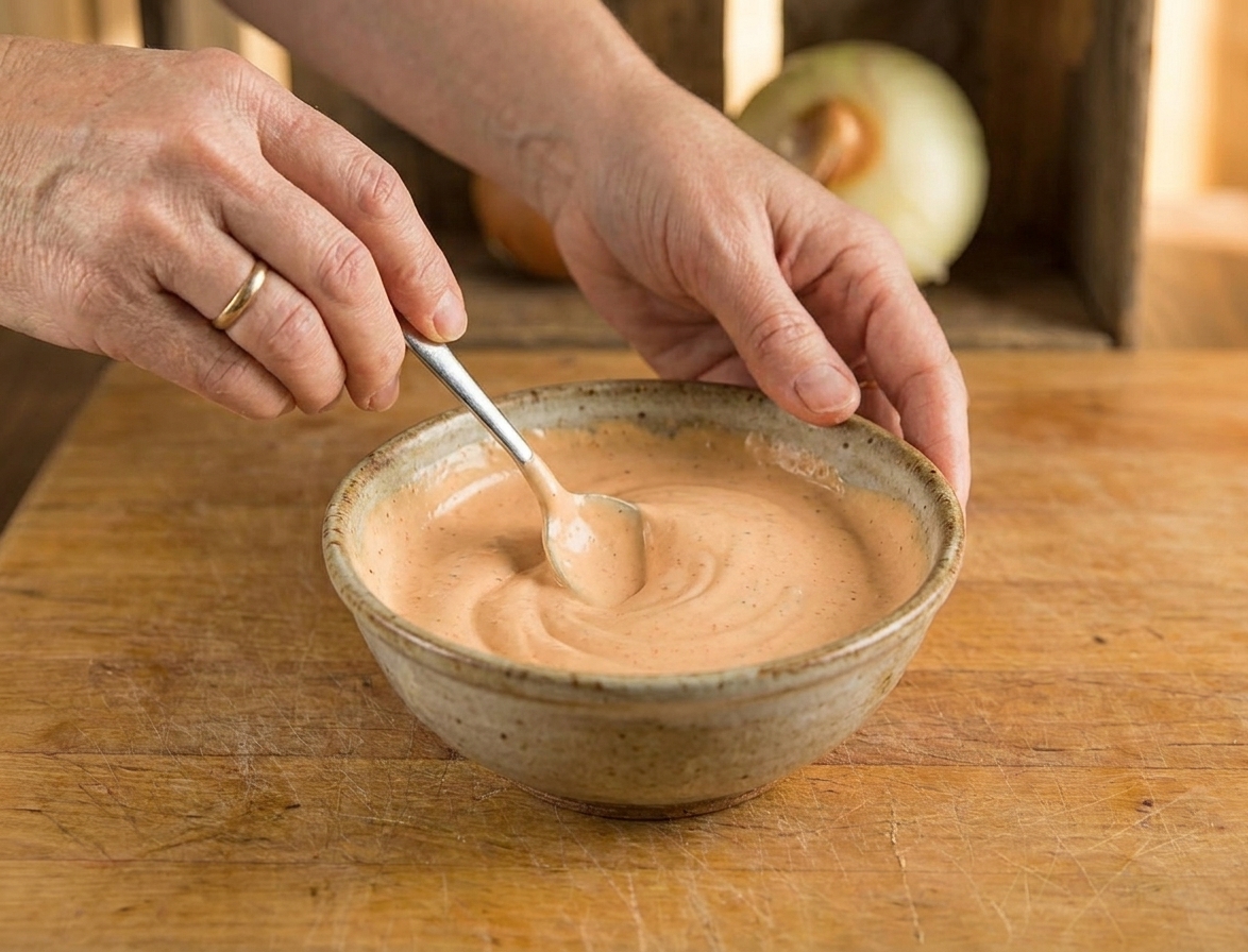 A small bowl of creamy burger sauce being stirred with a spoon on a kitchen counter
