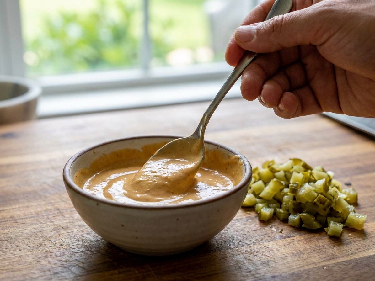 A small bowl of creamy burger sauce being stirred with a spoon on a kitchen counter next to chopped pickles