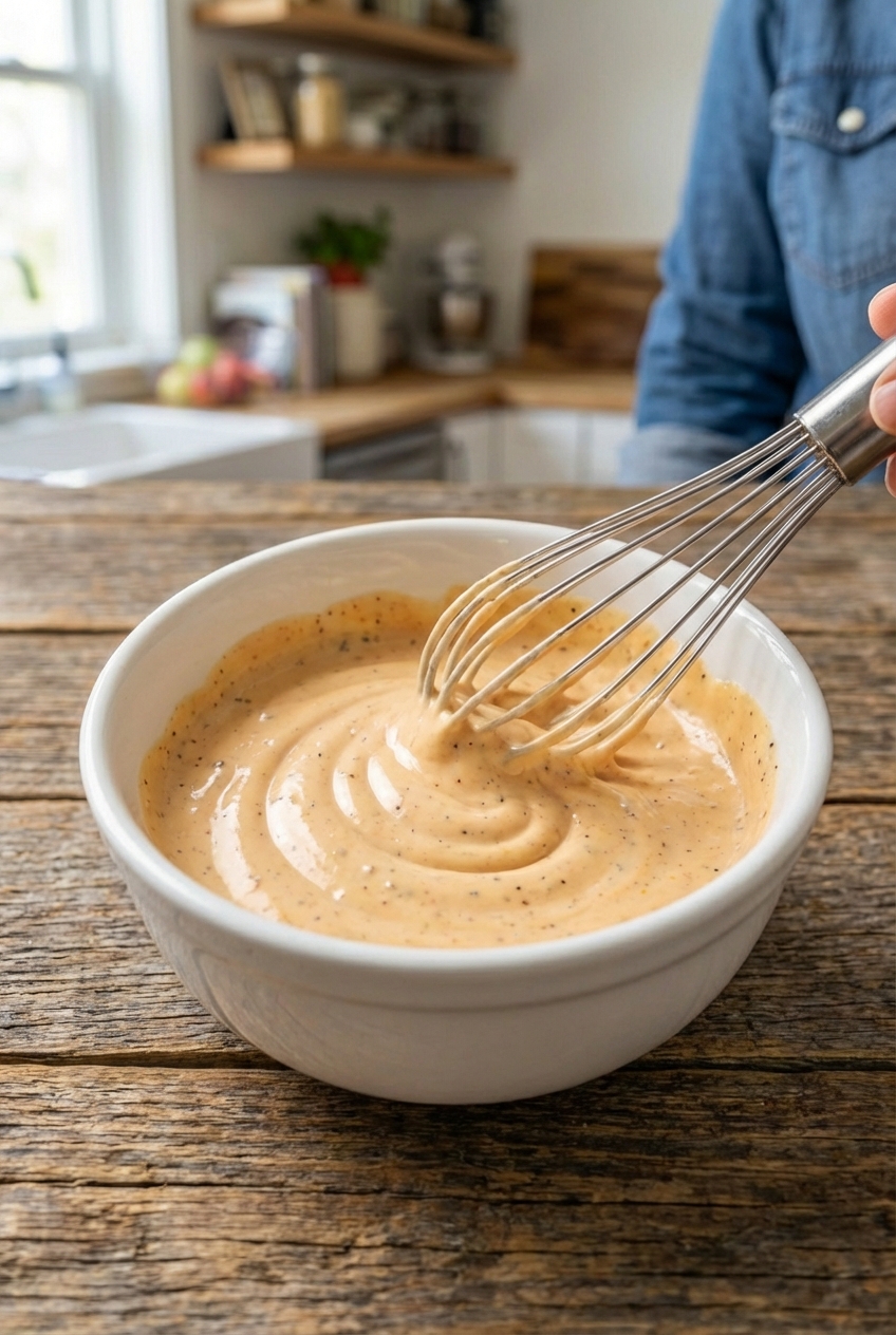A small bowl of creamy burger sauce being whisked until smooth