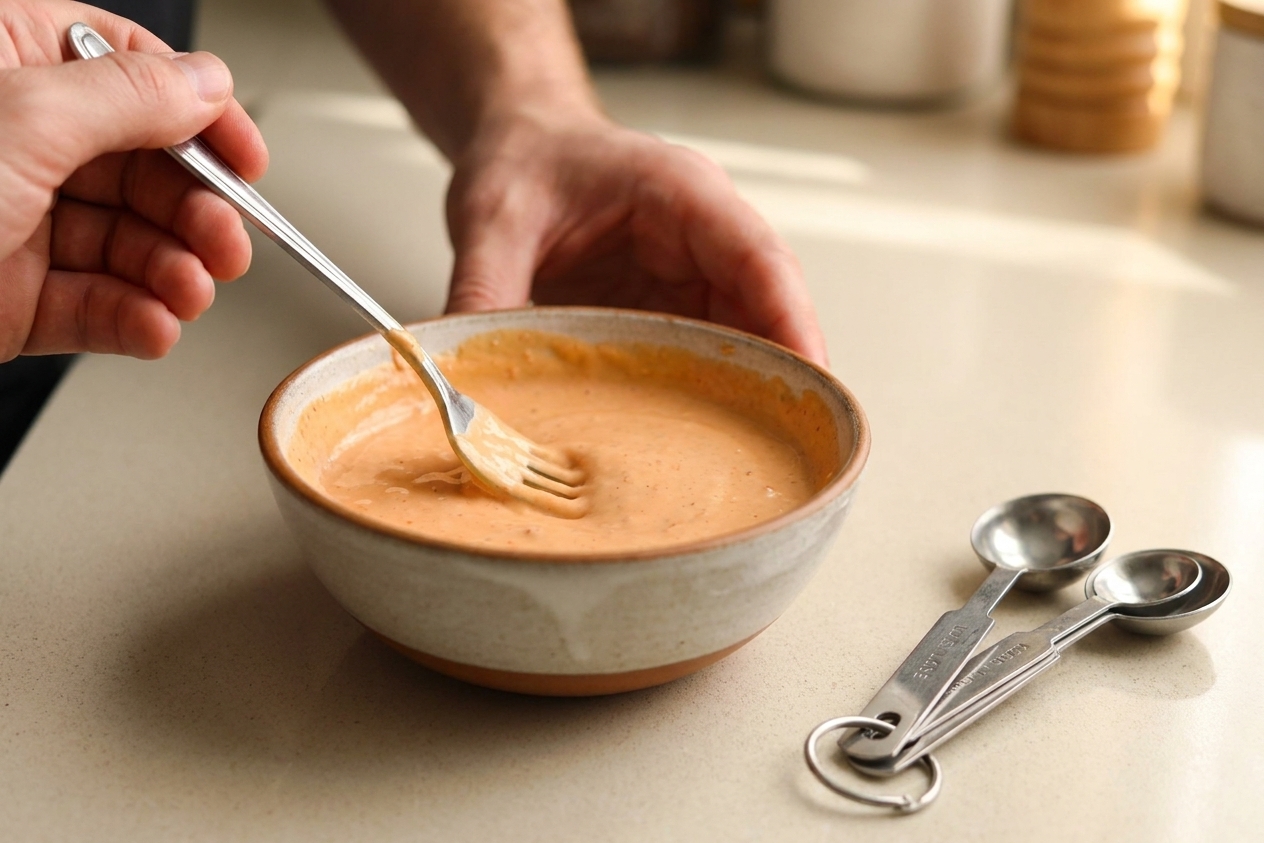 A small bowl of creamy burger-style special sauce being whisked with a fork on a kitchen counter with measuring spoons nearby