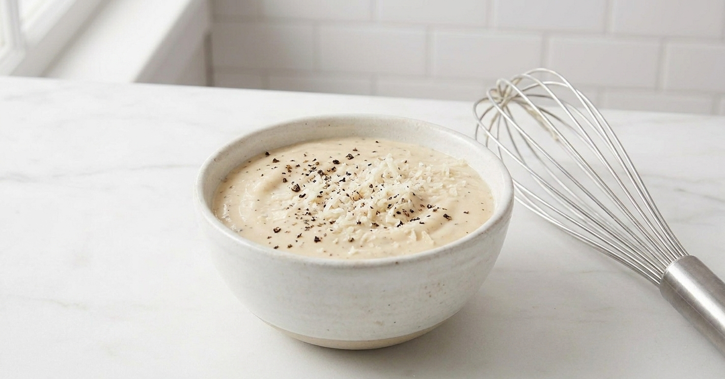 A small bowl of creamy chicken Caesar sauce with cracked black pepper and grated Parmesan on top, sitting on a bright kitchen counter with a whisk nearby