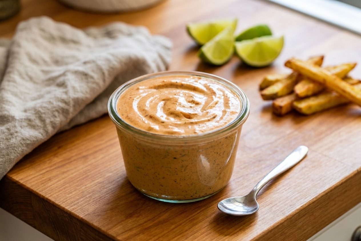 A small bowl of creamy chipotle aioli with a spoon beside it on a warm-toned kitchen counter, with lime wedges and a few fries in the background