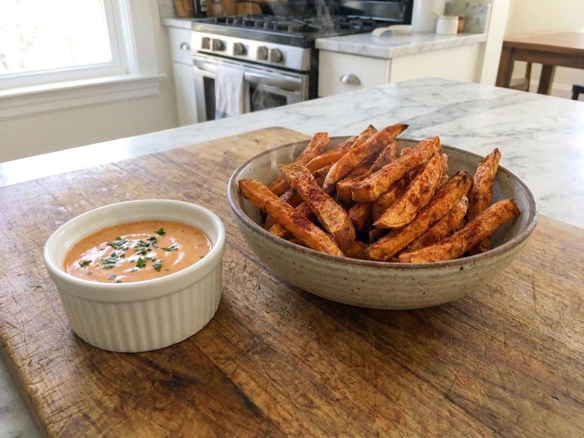 A small bowl of creamy chipotle dipping sauce beside a pile of hot sweet potato fries on a wooden table
