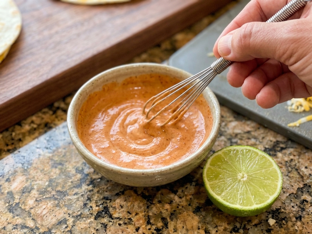 A small bowl of creamy chipotle lime sauce being whisked on a kitchen counter with a lime half nearby