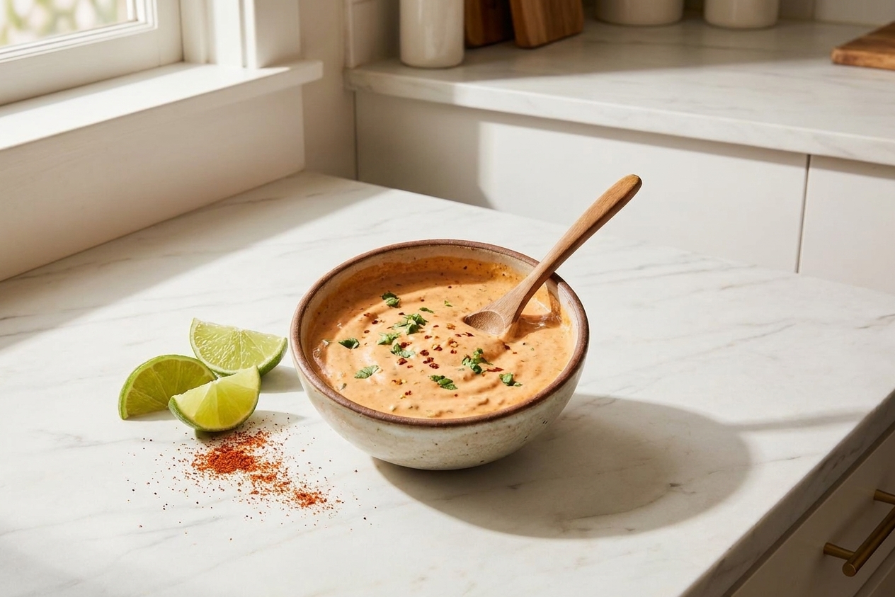 A small bowl of creamy chipotle lime sauce with a spoon resting inside on a neutral kitchen counter