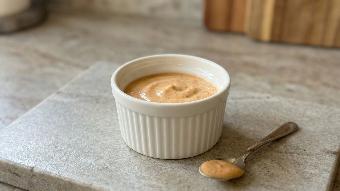 A small bowl of creamy chipotle mayo on a light stone countertop with a spoon resting beside it