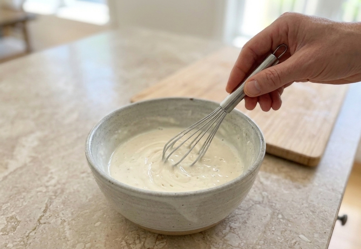 A small bowl of creamy coleslaw dressing being whisked until smooth on a kitchen counter