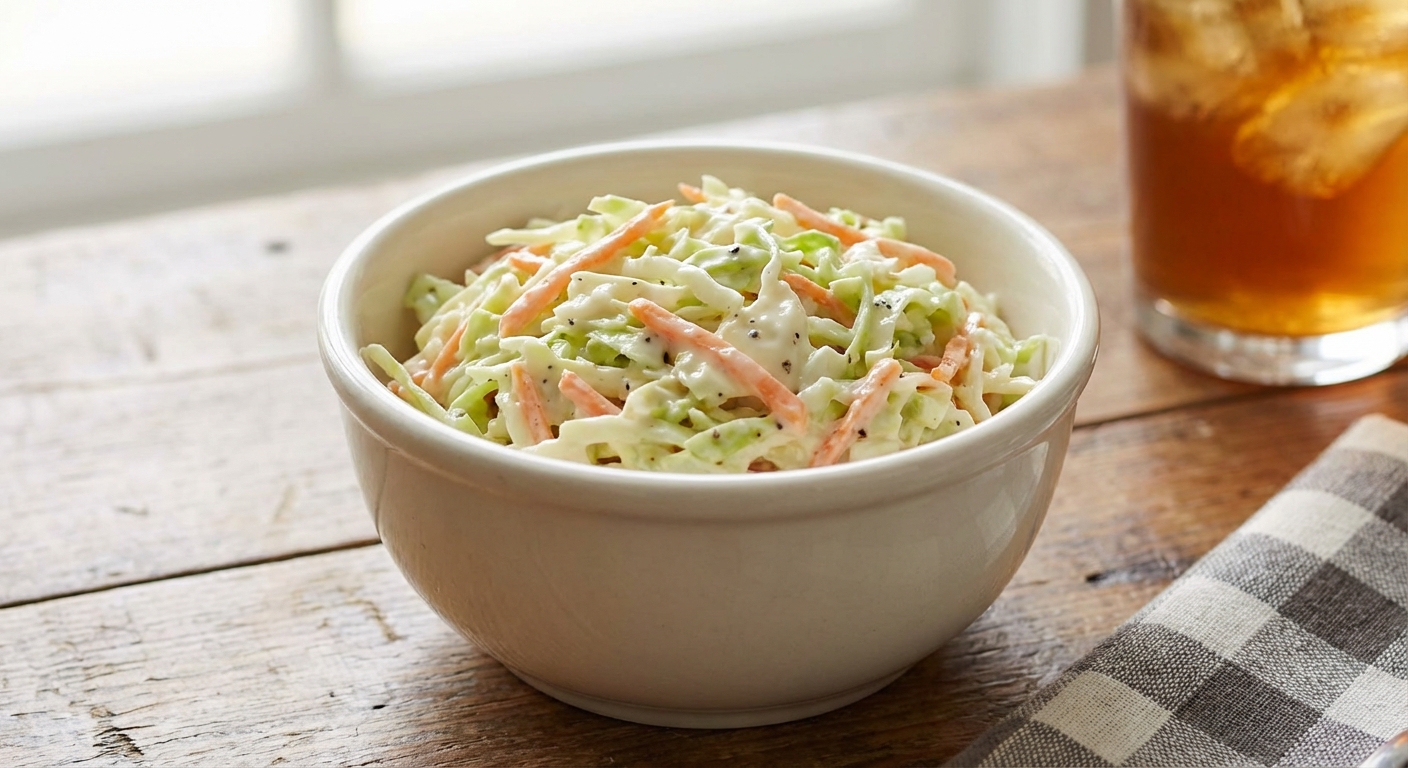 A small bowl of creamy coleslaw with shredded cabbage and carrots