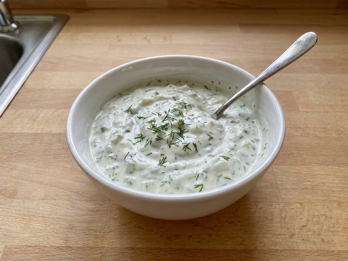 A small bowl of creamy cucumber yogurt sauce with flecks of dill on a light kitchen counter