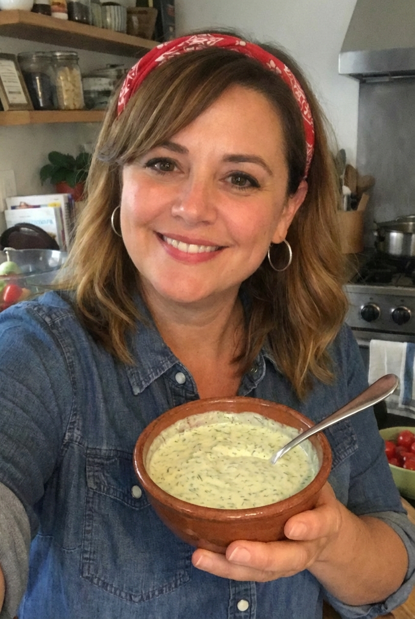 A small bowl of creamy dill sauce with a spoon resting in it