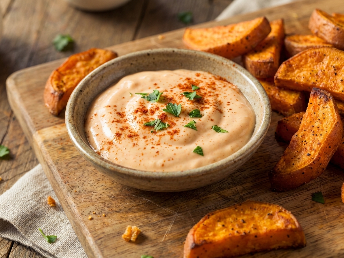 A small bowl of creamy dipping sauce with paprika sprinkled on top, surrounded by a few kumara fries on a wooden board