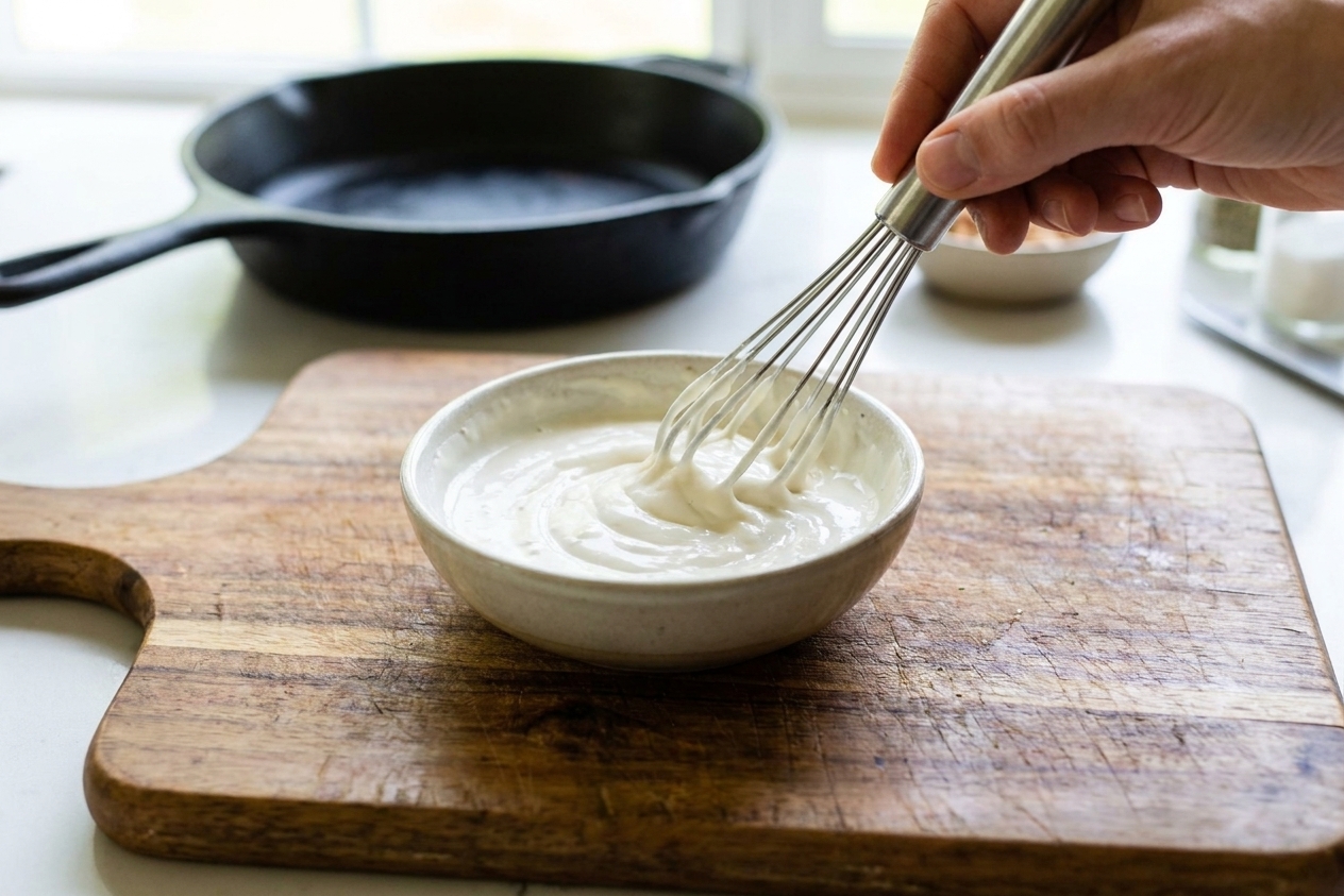 A small bowl of creamy dressing being whisked until smooth on a bright kitchen counter