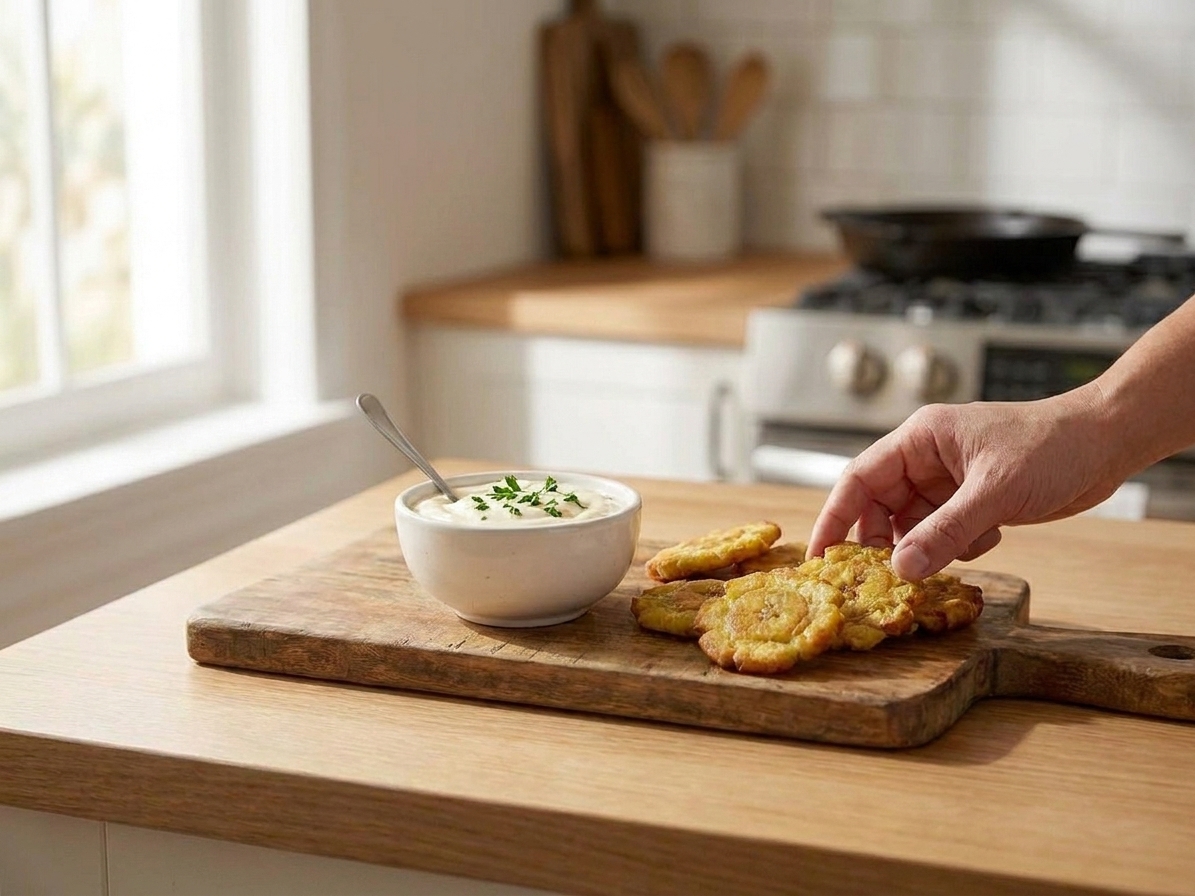 A small bowl of creamy garlic dipping sauce with a spoon on a wooden table, ready for dipping tostones