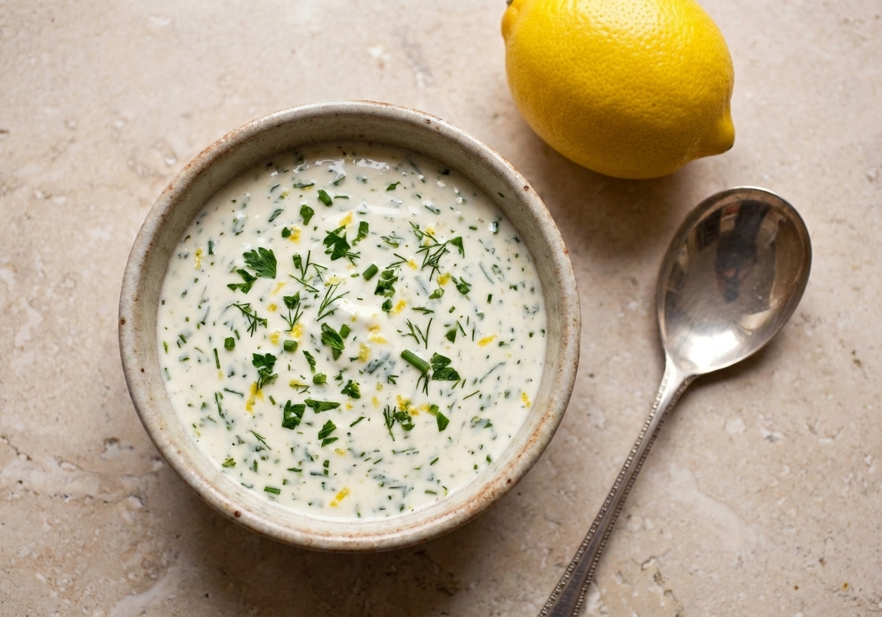 A small bowl of creamy garlic herb sauce with visible green herbs sitting on a light stone countertop next to a lemon and a spoon