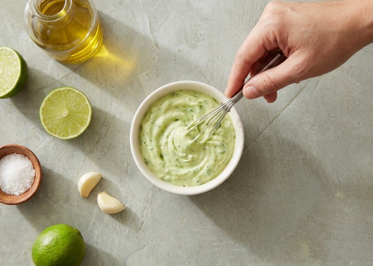 A small bowl of creamy garlic lime aioli being whisked on a kitchen counter