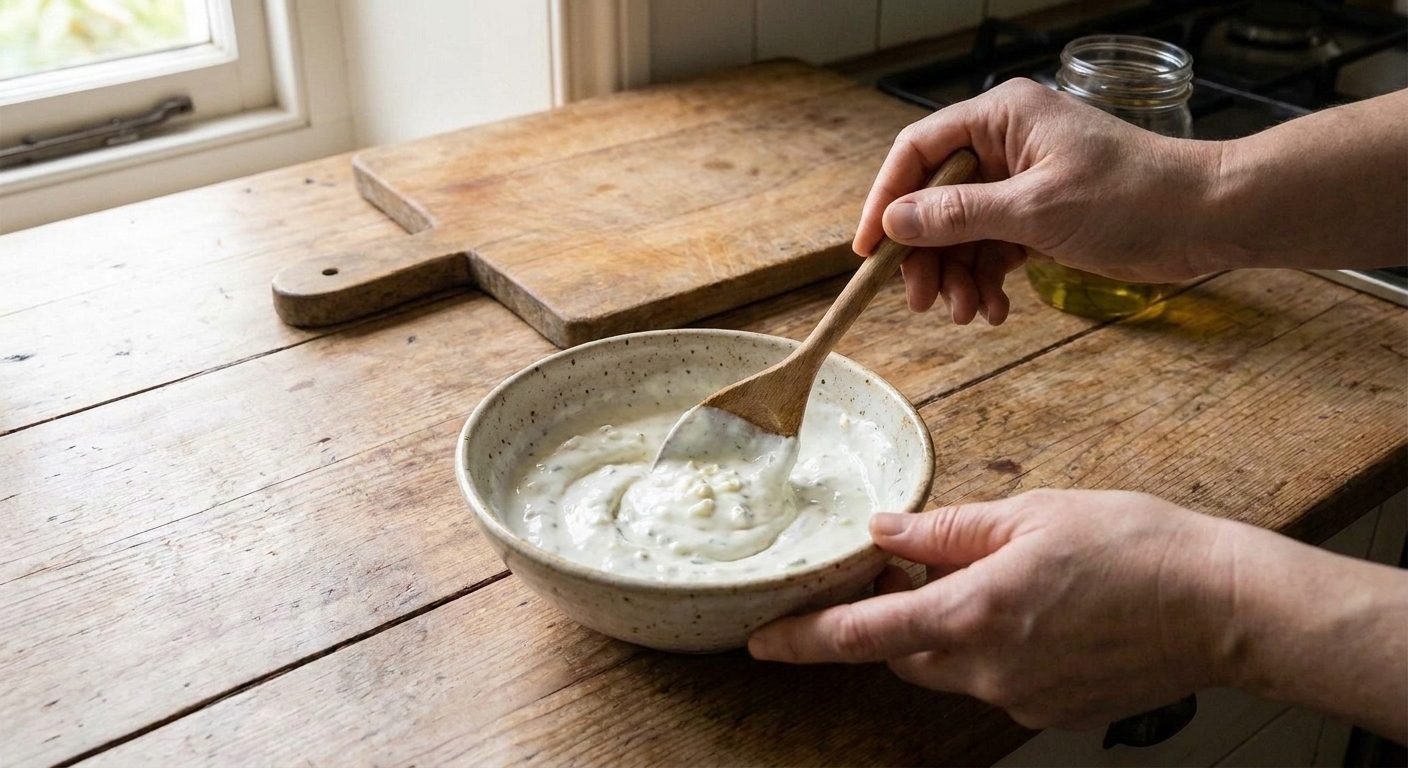 A small bowl of creamy garlic yogurt sauce being stirred with a spoon on a kitchen counter