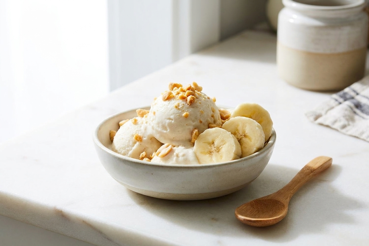A small bowl of creamy homemade dog ice cream topped with a few banana slices on a bright kitchen counter, natural window light