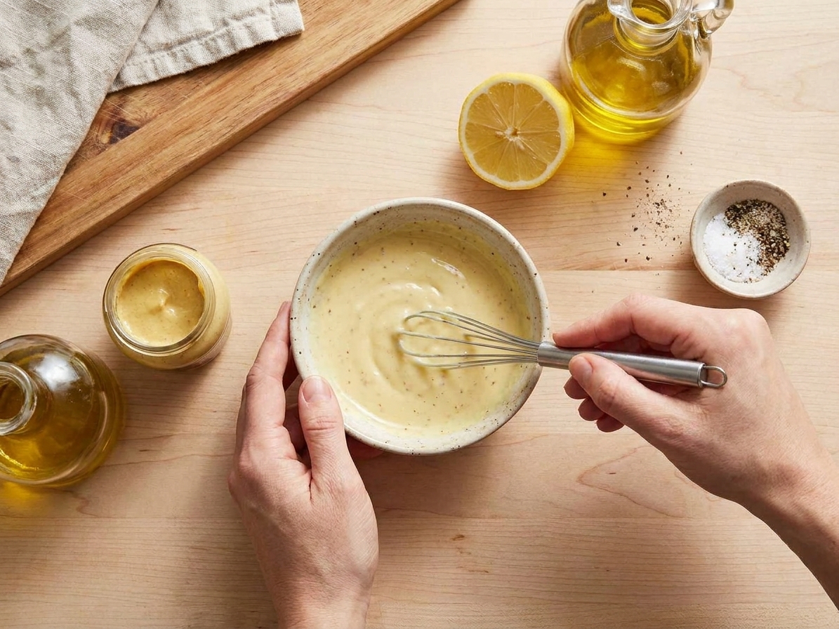 A small bowl of creamy lemon Dijon dressing being whisked on a kitchen counter