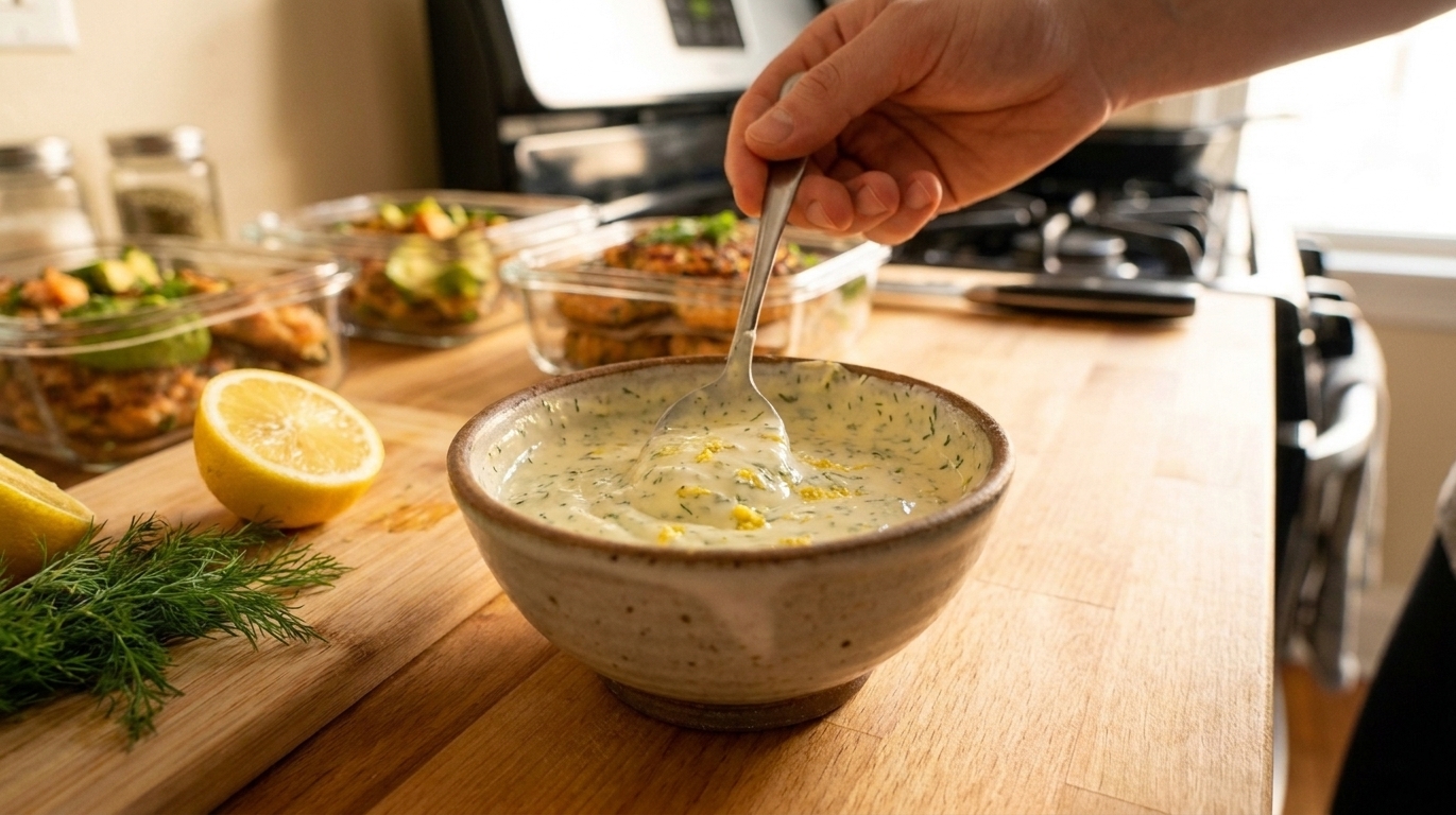 A small bowl of creamy lemon-dill sauce being stirred with a spoon on a kitchen counter in warm natural light