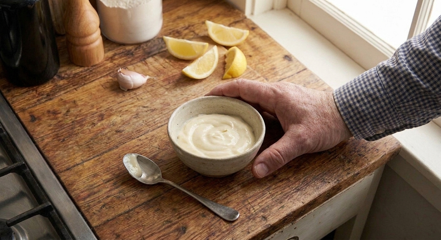 A small bowl of creamy lemon garlic aioli with a spoon beside it on a wooden counter