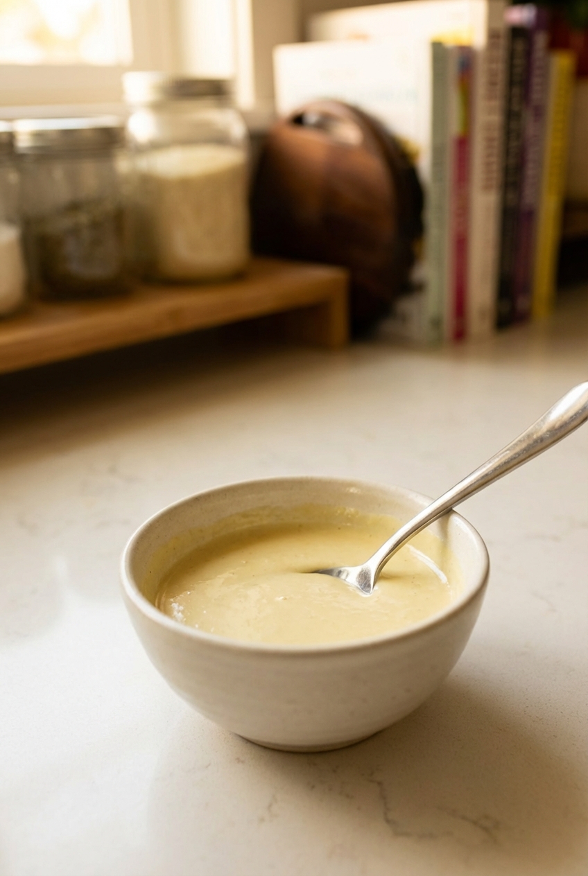 A small bowl of creamy lemon tahini dressing with a spoon on a light countertop