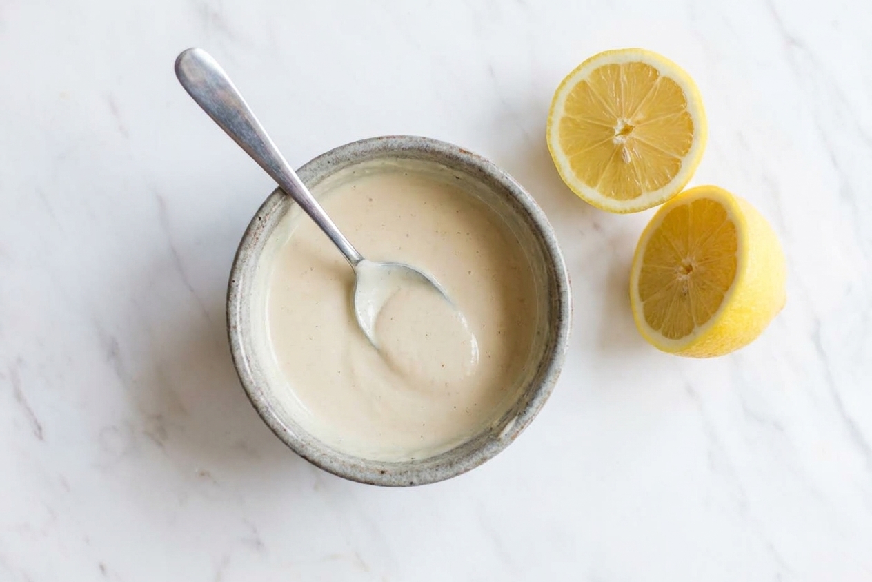 A small bowl of creamy lemon tahini sauce with a spoon resting inside on a light kitchen counter next to a cut lemon