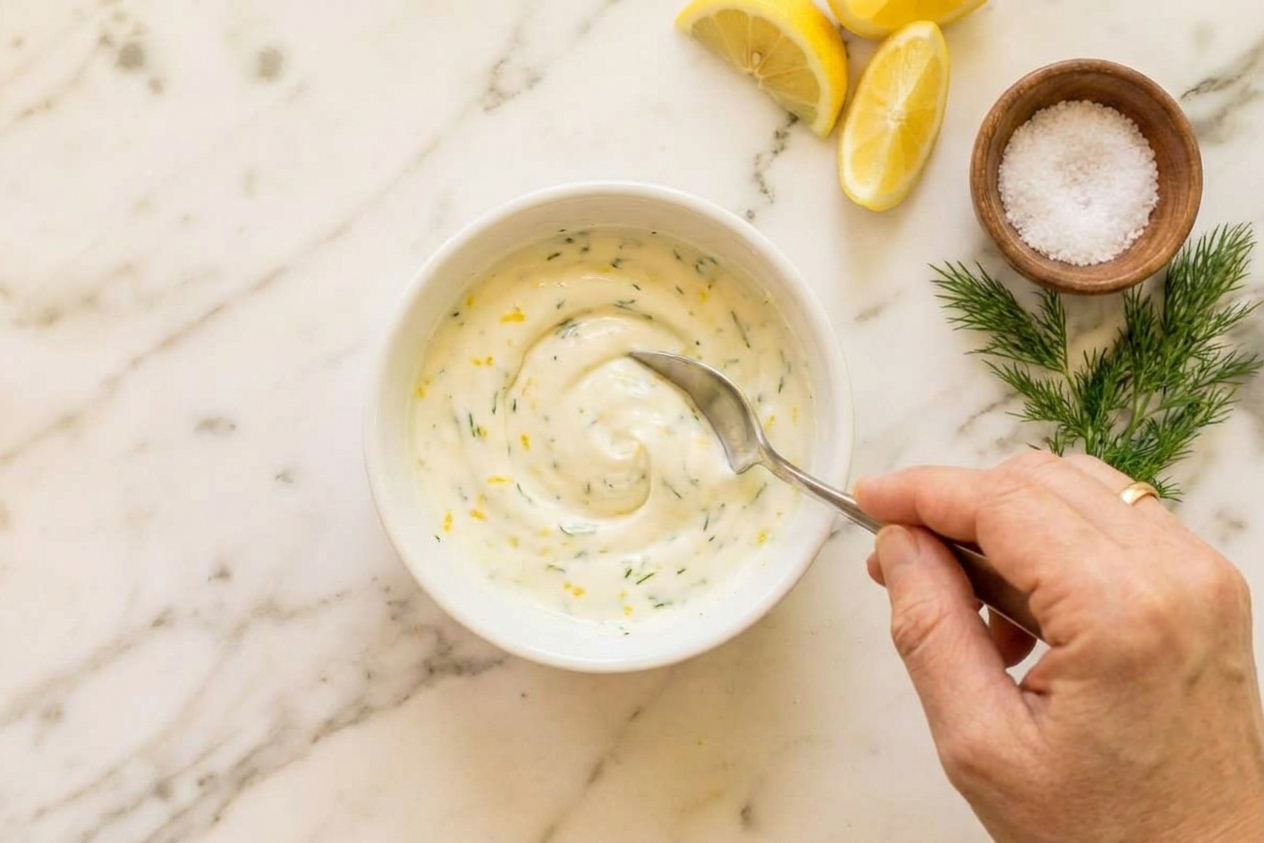 A small bowl of creamy lemon yogurt sauce being stirred with a spoon on a kitchen counter